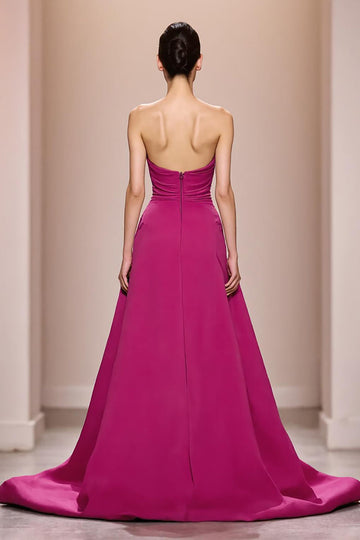Satin fuchsia Robe de soirée longue sans bretelles avec fleur 3D